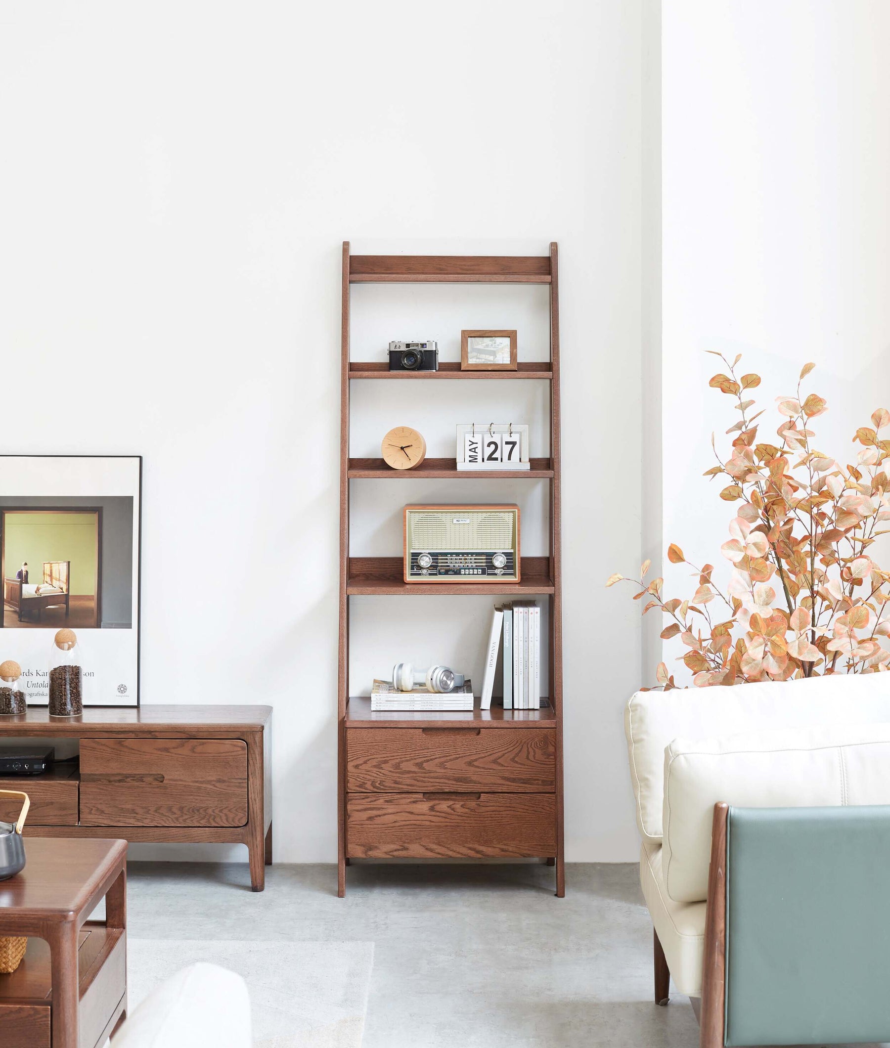 Ladder Bookcase/ FAS-Graded Solid American Oak Wood Double-Drawer Bookshelf/Storage Rack