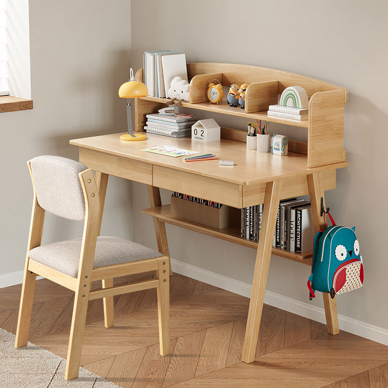 Natural Solid Wood Study Desk with Shelf and Selee Chair Set