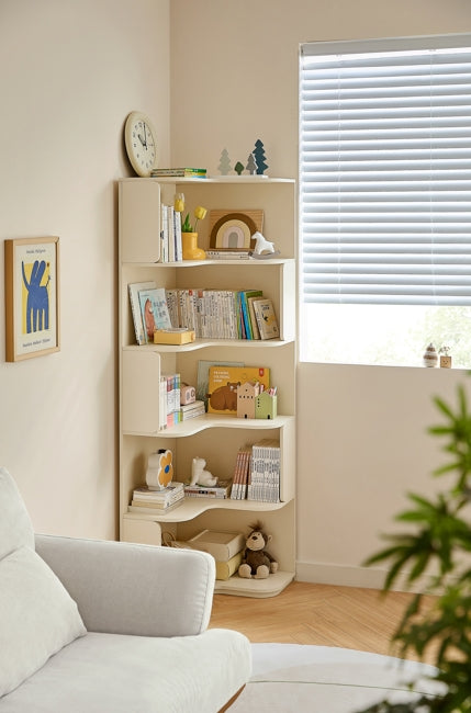 Space Saving Engineered Wood Corner Bookcase/Storage Shelves in Cream White