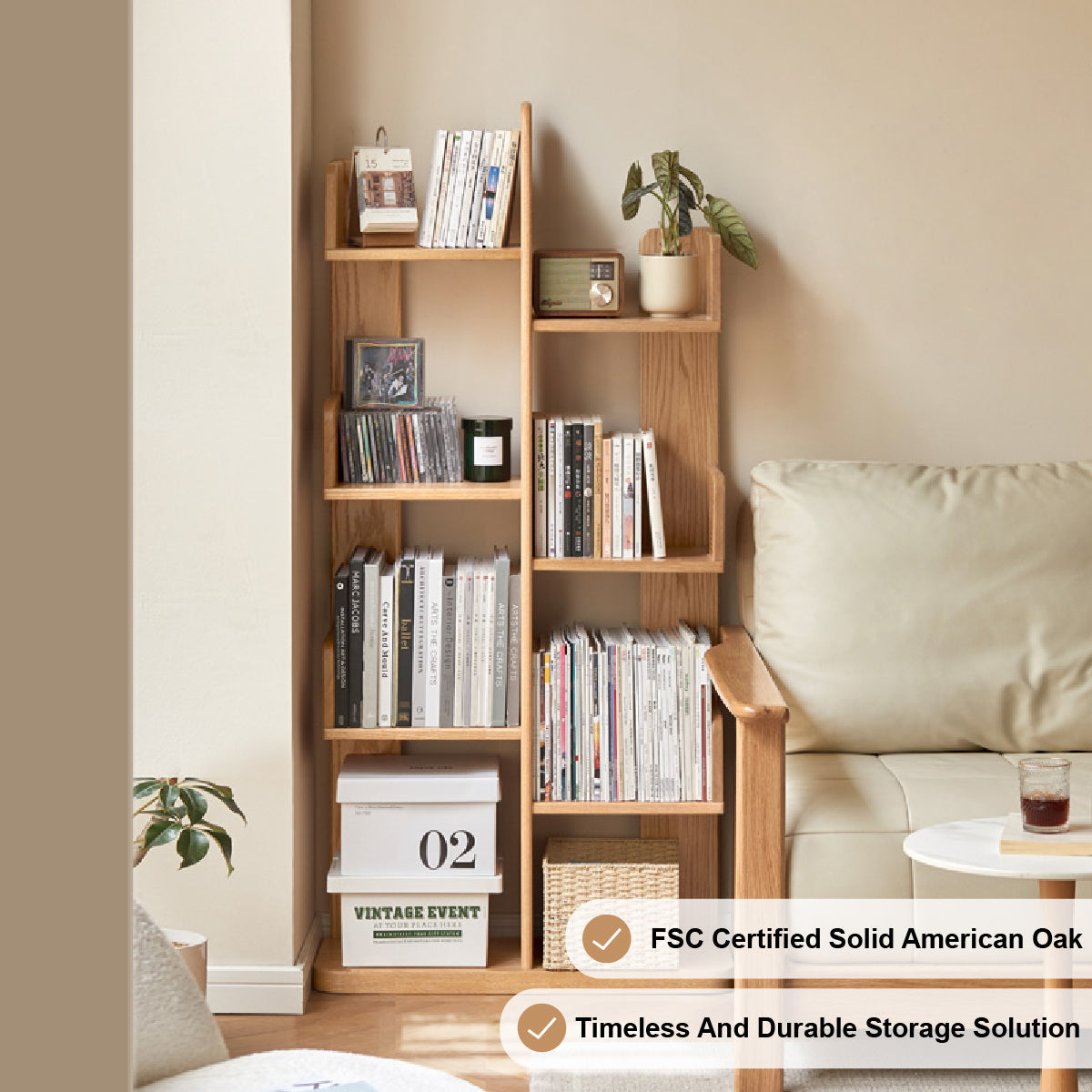 FSC Certified Solid American Oak Floor Bookshelf/Media Storage Shelves 64cm/80cm/100cm
