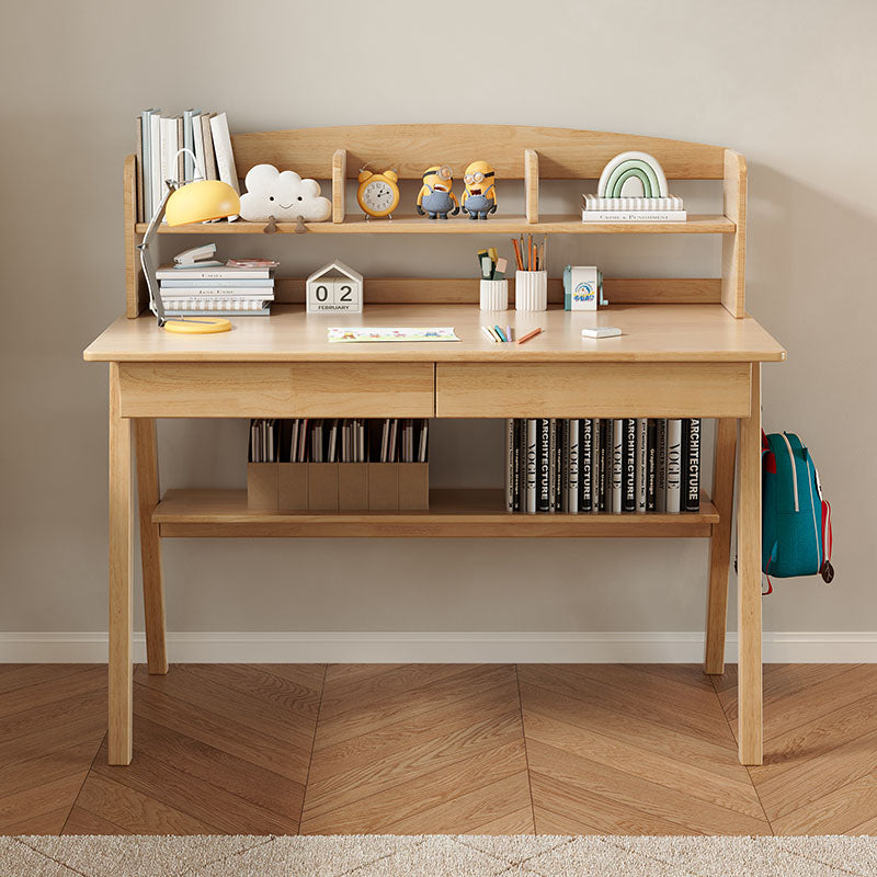 Solid Wood Study Desk with Shelf/Solid Timber/Minimal Assembly/Natural Wood Colour
