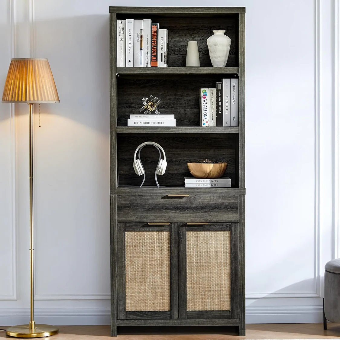 Bookcase with Ratten Doors/Showcase/Display Shelves Storage Stand Rack Midnight Oak