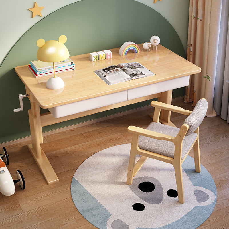 Natural Height-adjustable Study Desk with Drawers and Z Shape Chair set