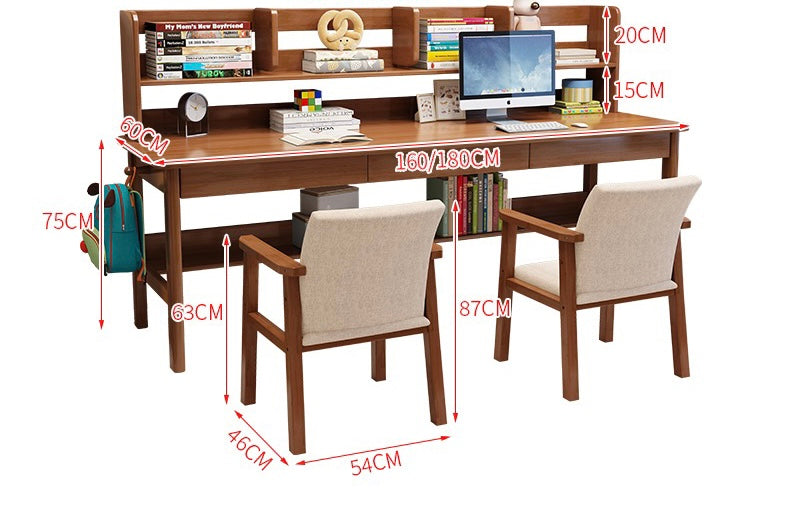 Dalenna Solid Wood Study Desk with Book Shelves and Drawers/Rubberwood/Long Study Desk/Walnut