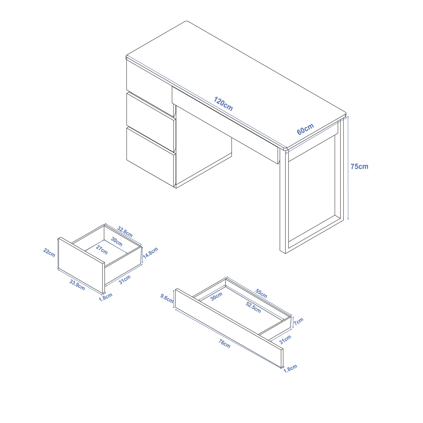 Classic Natural Wood Desk with 3-Drawer Side Cabinet
