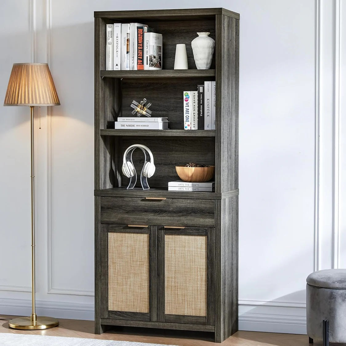 Bookcase with Ratten Doors/Showcase/Display Shelves Storage Stand Rack Midnight Oak