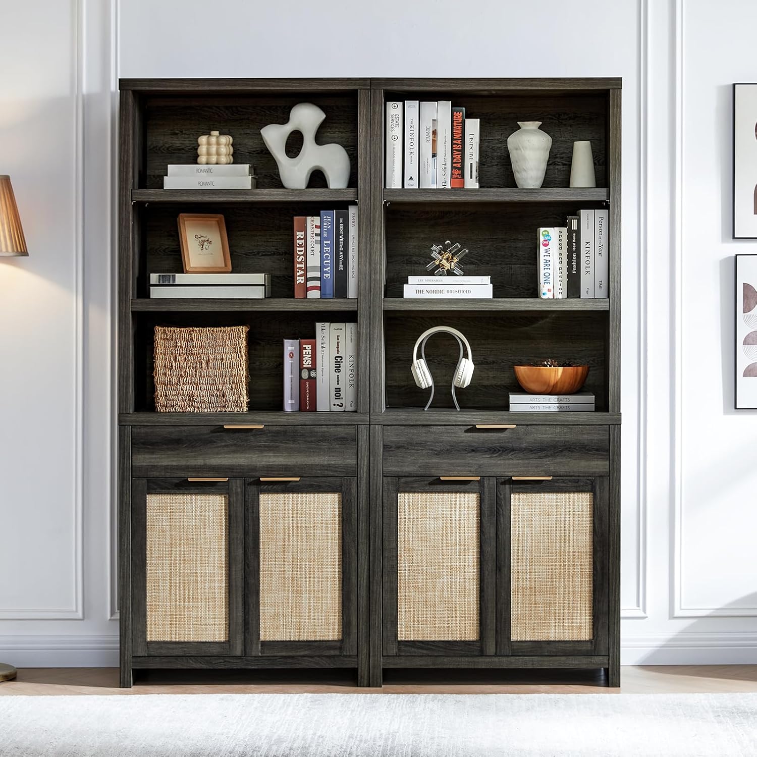 Bookcase with Ratten Doors/Showcase/Display Shelves Storage Stand Rack Midnight Oak