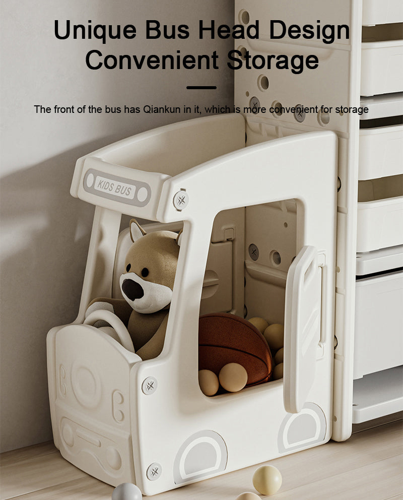 Bus-Themed Kids Storage Shelf with Multi-Layer Bins – Toy Organizer and Book Storage