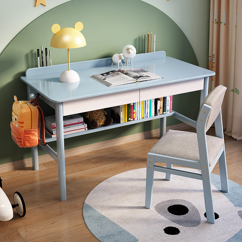 Blue Solid Wood Study Desk with Shelf and Selee Chair Set