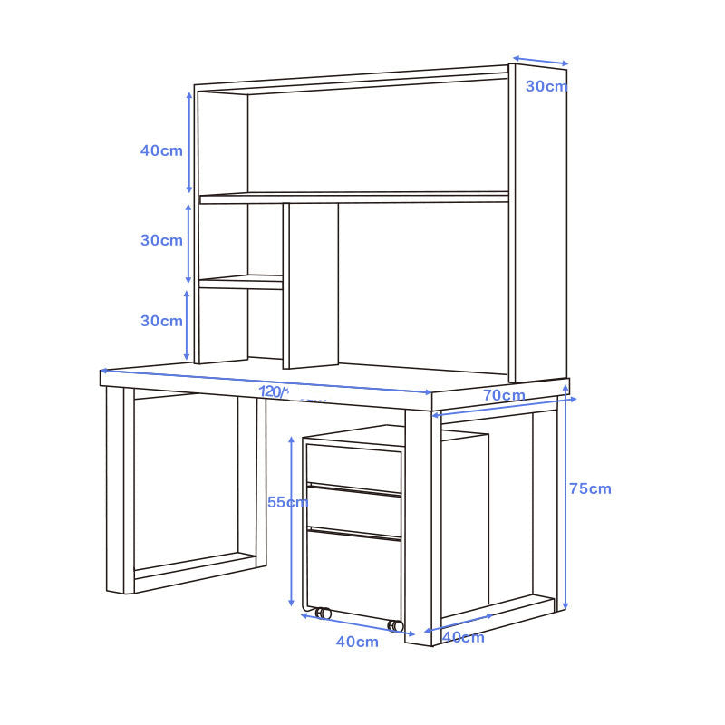 Maddie Solid Timber Study Desk with Bookshelf and Movable Side Cabinet