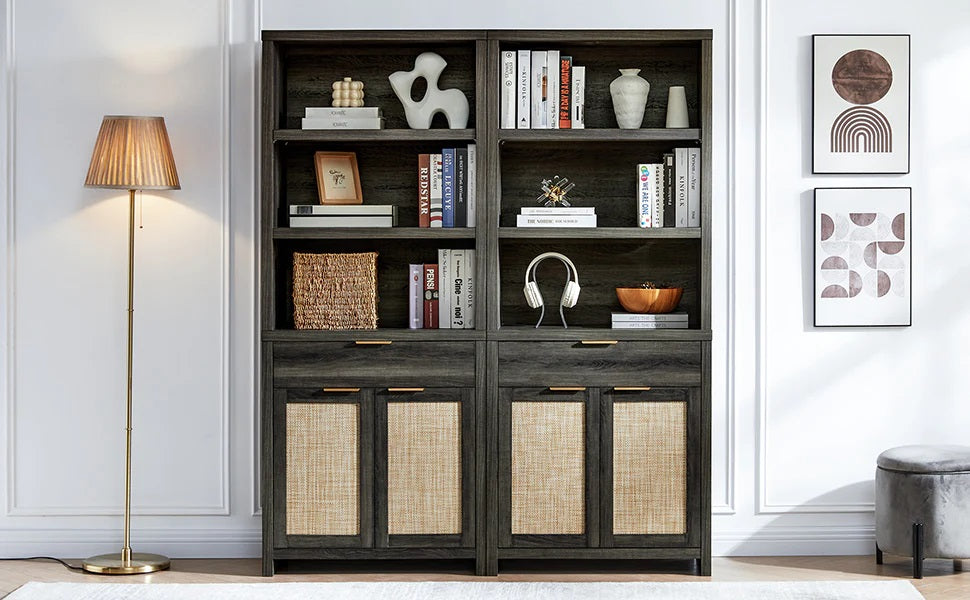 Bookcase with Ratten Doors/Showcase/Display Shelves Storage Stand Rack Midnight Oak