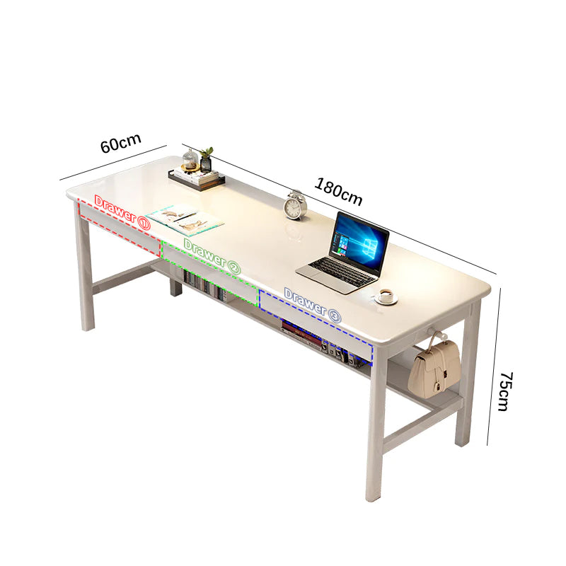 Lynard White Solid Wood Study Desk with Drawers /Rubberwood/Long Study Desk/1.6M/1.8M