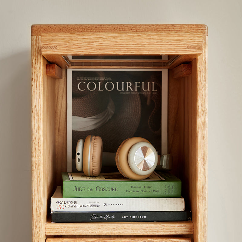 Dylan FAS-Graded Solid American Oak Wood Flip-Down Door Bookcase Modular Display Shelf & Storage With Drawer