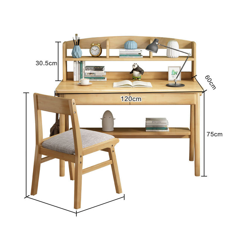 Natural Solid Wood Study Desk with Shelf and Selee Chair Set