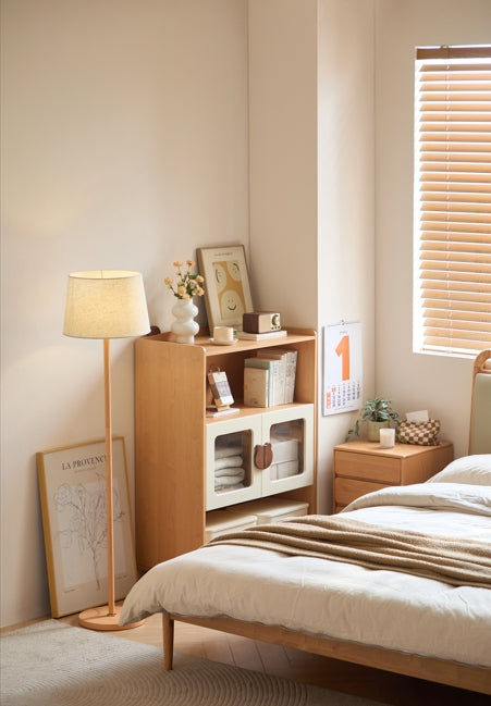 Natural Wood Kids' Bookcase with Doors and  Open Shelves/Solid Wood Legs