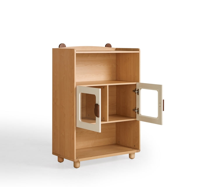 Natural Wood Kids' Bookcase with Doors and  Open Shelves/Solid Wood Legs