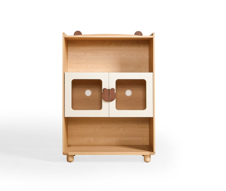 Natural Wood Kids' Bookcase with Doors and  Open Shelves/Solid Wood Legs