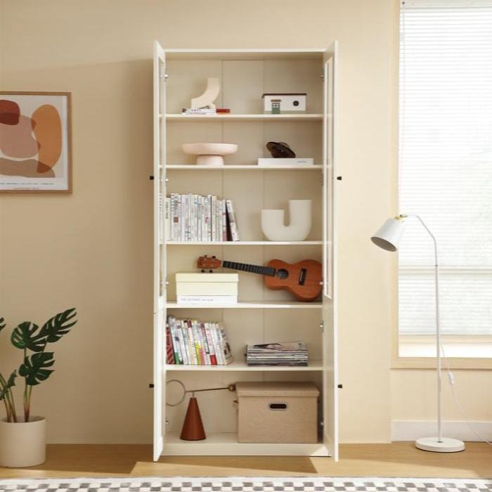 White Multi-Purpose Storage Bookcase with Transparent Doors/Showcase/Display Cabinet