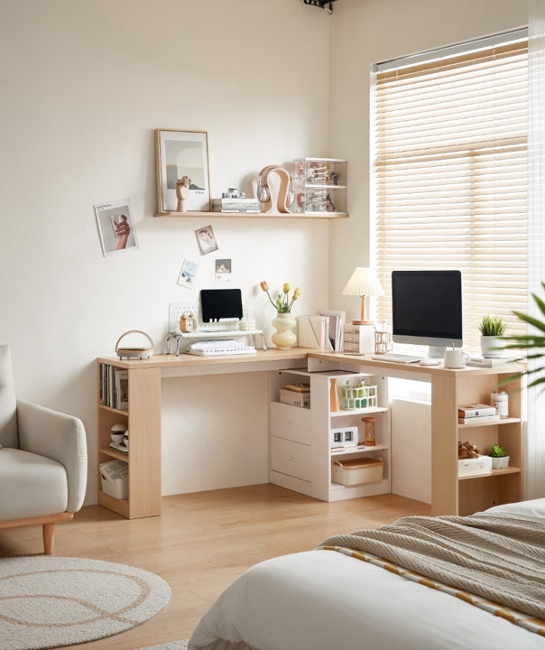 Extra Long Study Desk in Oak and White/Home Office Two-person Desks/Corner Desk