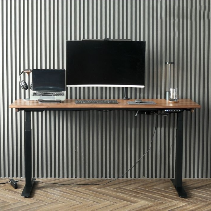 Electric Height-Adjustable Solid Timber Study Desk/Home Office Sit Stand Desk/Walnut Color Top