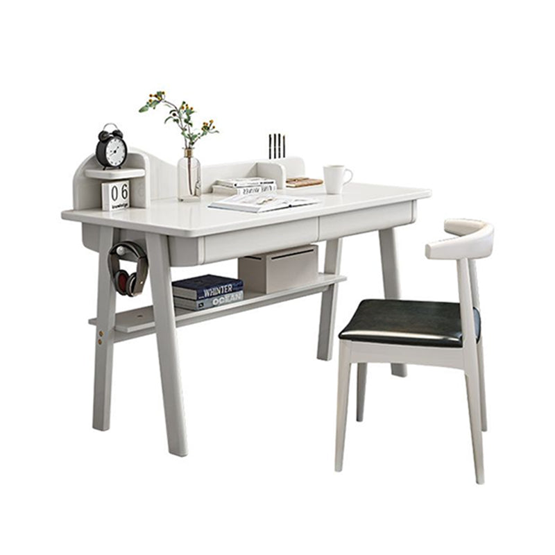 Andri Solid Wood Study Desk with Mini Shelf and Drawers/Rubberwood/Home Office Desk/White
