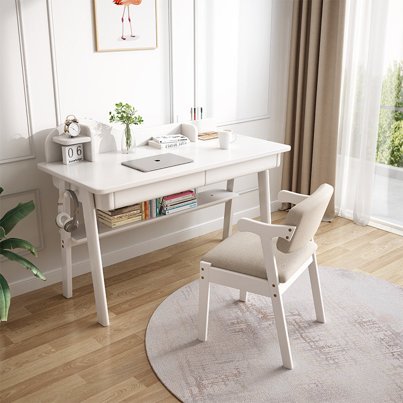 Andri Solid Wood Study Desk with Mini Shelf and Drawers/Rubberwood/Home Office Desk/White
