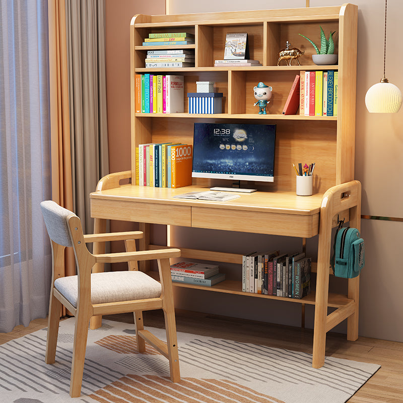 Natural Study Desk with High Shelf and Drawers and Leo Chair Set