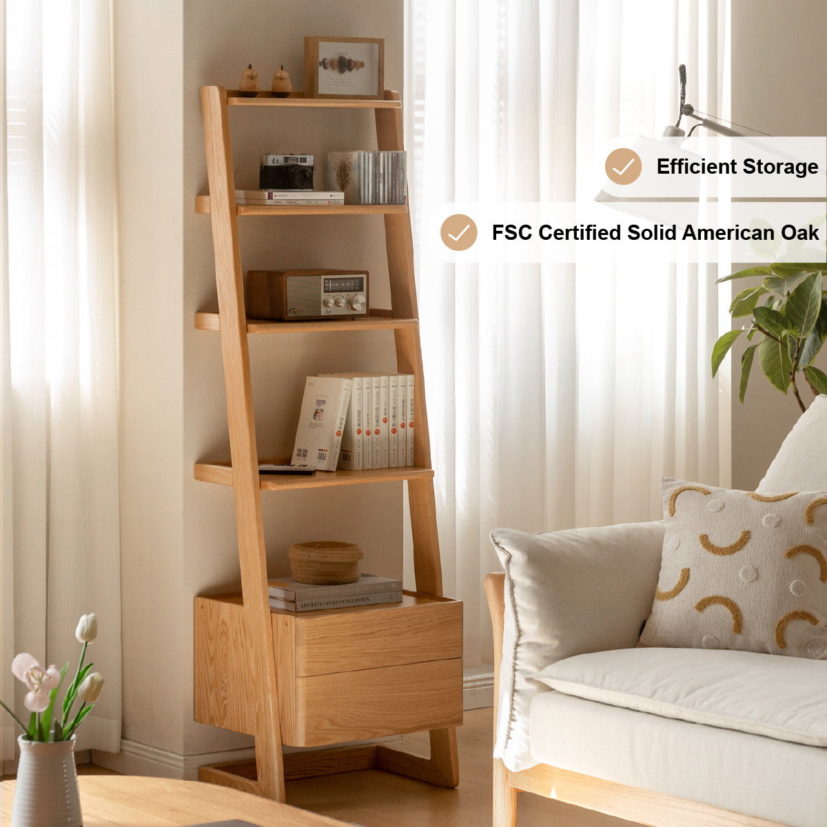 Ladder Bookcase/ FSC Certified Solid American Oak Double-Drawer Bookshelf/Storage Rack