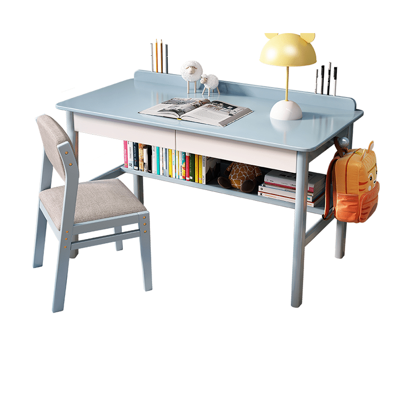 Blue Solid Wood Study Desk with Shelf and Selee Chair Set