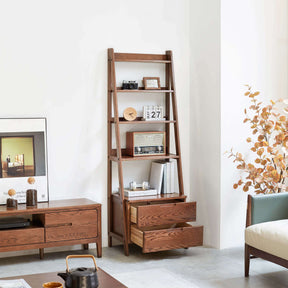 Ladder Bookcase/ FSC Certified Solid American Oak Double-Drawer Bookshelf/Storage Rack