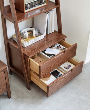 Ladder Bookcase/ FSC Certified Solid American Oak Double-Drawer Bookshelf/Storage Rack