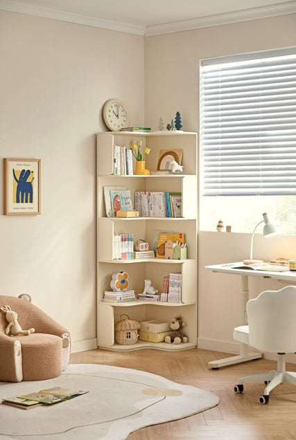 Space Saving  Engineered Wood Corner Bookcase/Storage Shelves in Cream White