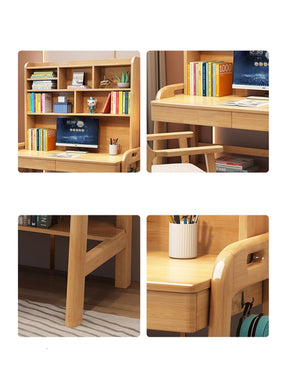 Kids Study Desk Chair Solid Wood Study Desk with High Shelf and Drawers/Bookcase/Rubberwood/Natural wood color and Dining Chair