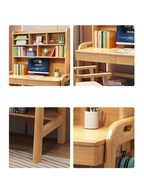 Natural Study Desk with High Shelf and Drawers and Leo Chair Set