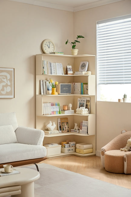 Space Saving  Engineered Wood Corner Bookcase/Storage Shelves in Cream White
