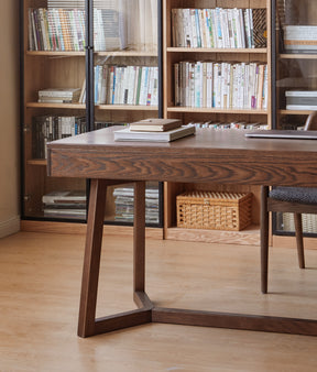 Solid Red Oak Writing Desk with 3 Drawers in Walnut Finish 160cm/180cm