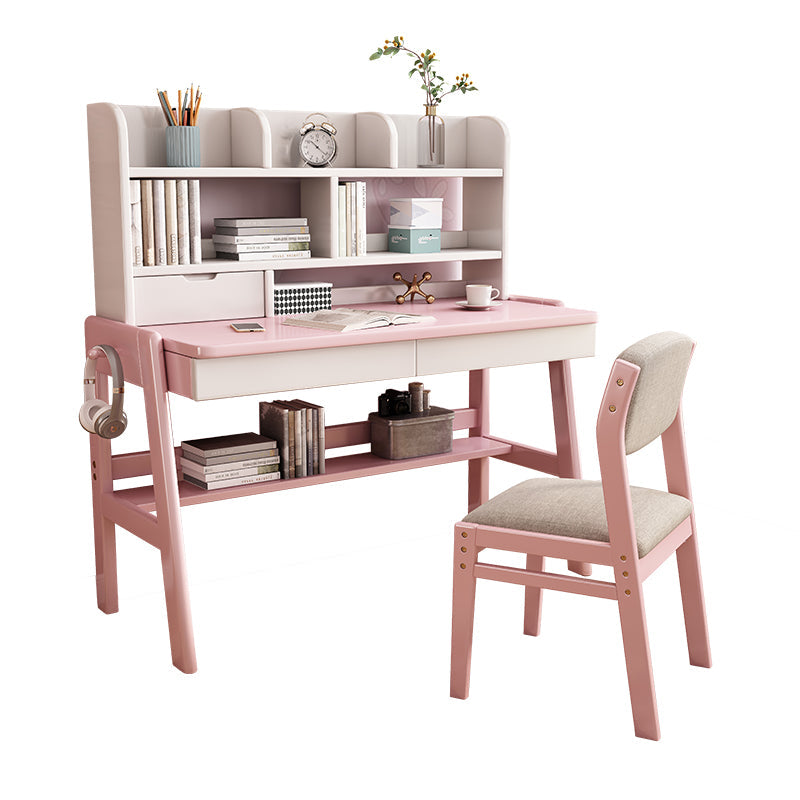 Ave Solid Wood Study Desk with Shelf and Drawers/Bookcase/Rubberwood/Pink