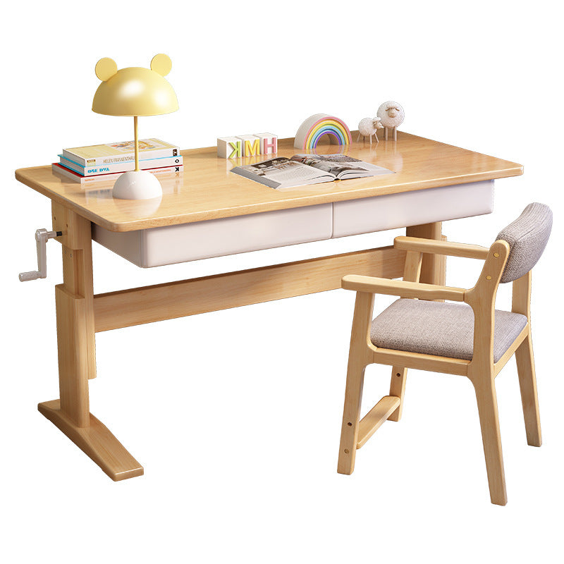 Natural Height-adjustable Study Desk with Drawers and Z Shape Chair Set