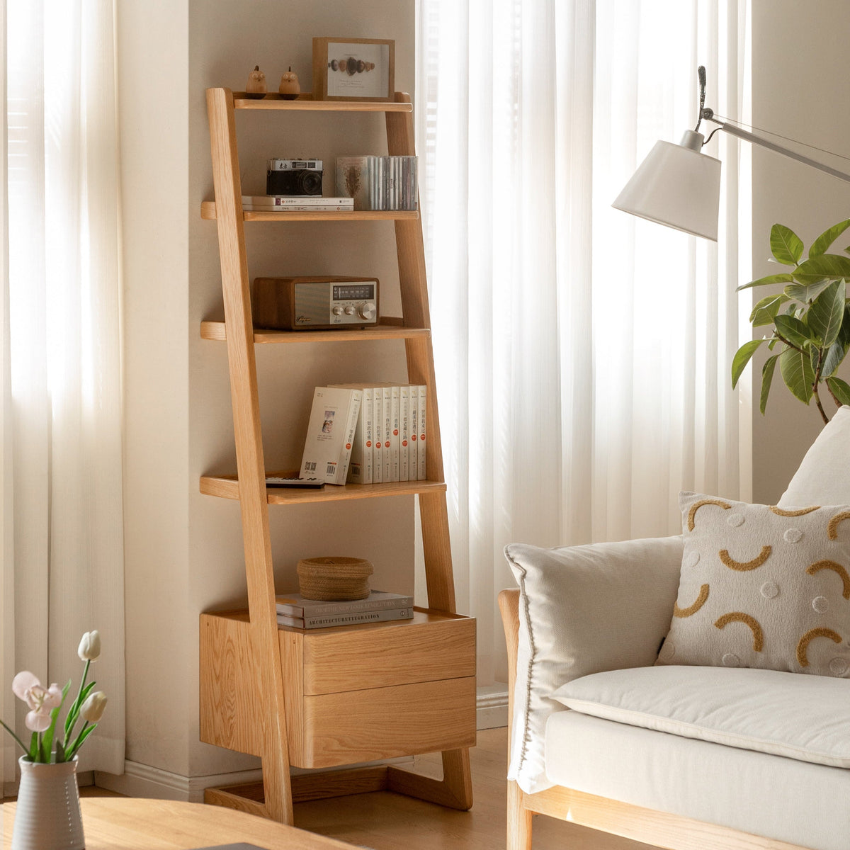 Ladder Bookcase/ FSC Certified Solid American Oak Double-Drawer Bookshelf/Storage Rack