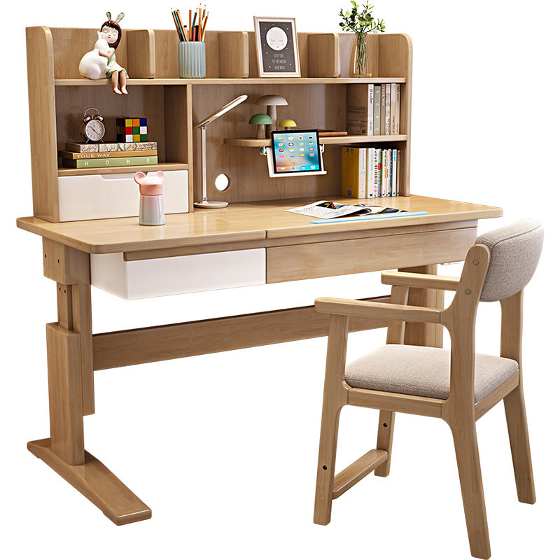 Natural Height-adjustable Study Desk with Shelf and Z Shape Chair Set