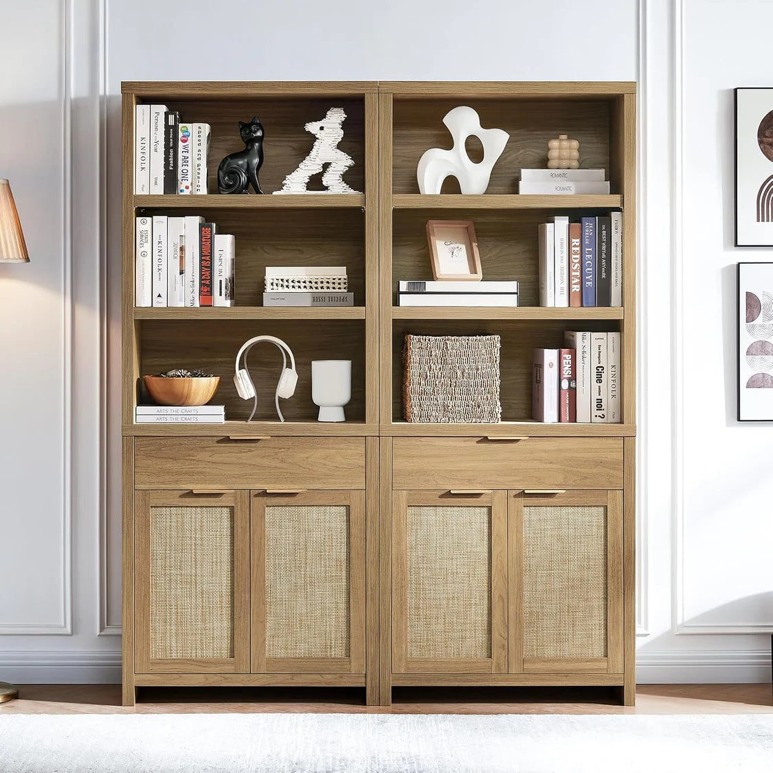 Bookcase with Ratten Doors/Showcase/Display Shelves Storage Stand Rack Weathered Oak
