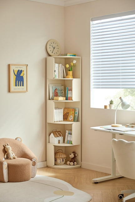 Space Saving  Engineered Wood Corner Bookcase/Storage Shelves in Cream White