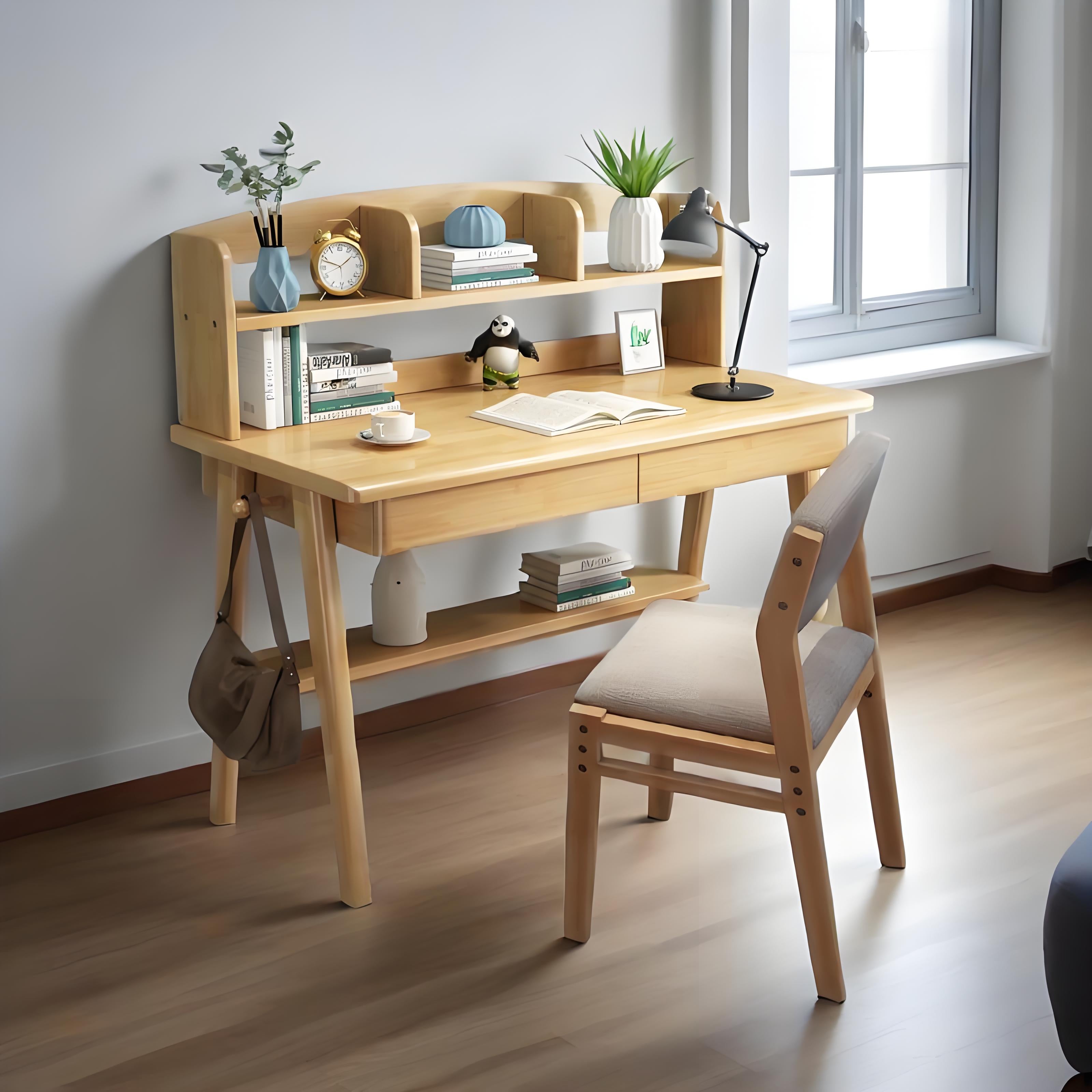 Natural Solid Wood Study Desk with Shelf and Selee Chair Set – OZ Study ...