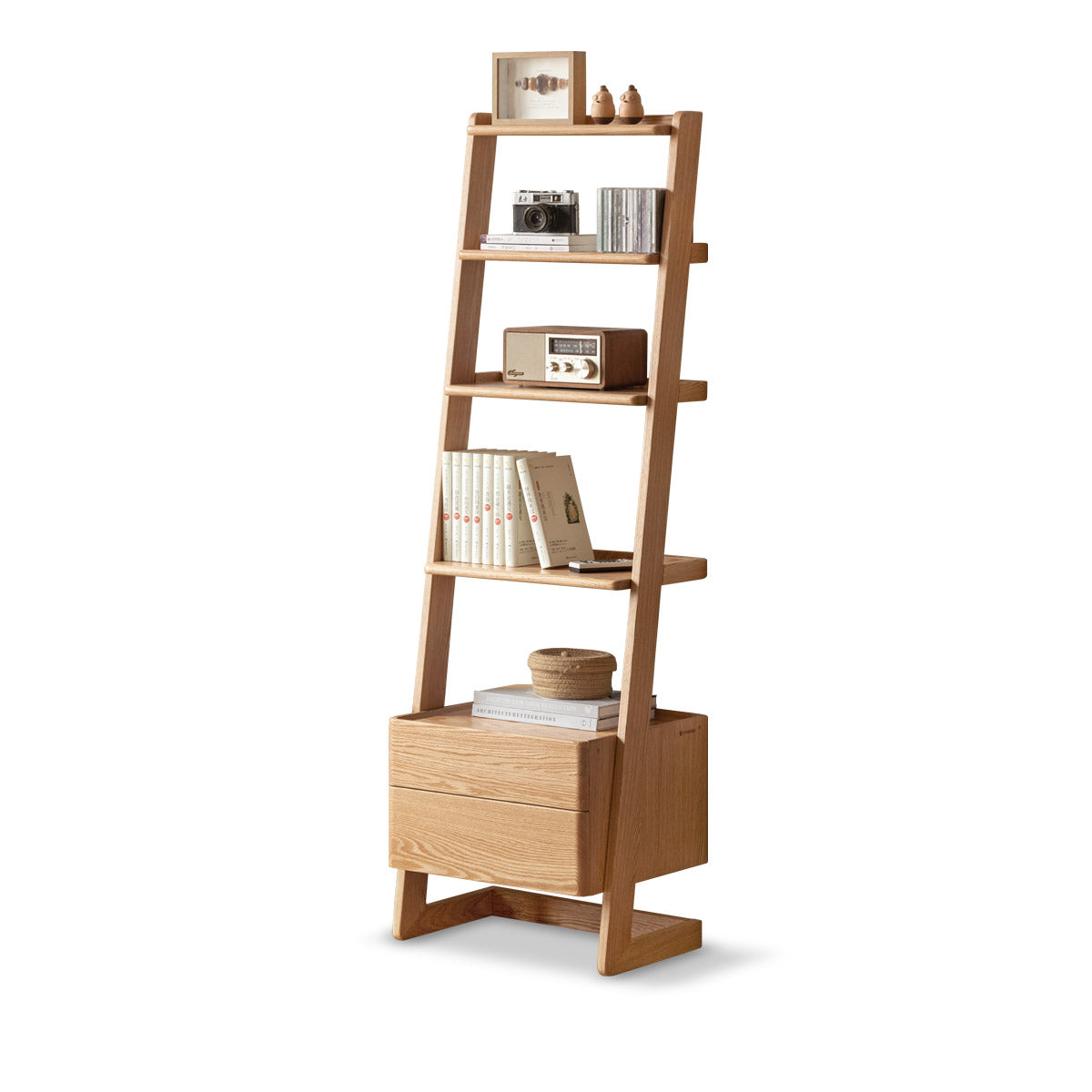 Ladder Bookcase/ FSC Certified Solid American Oak Double-Drawer Bookshelf/Storage Rack