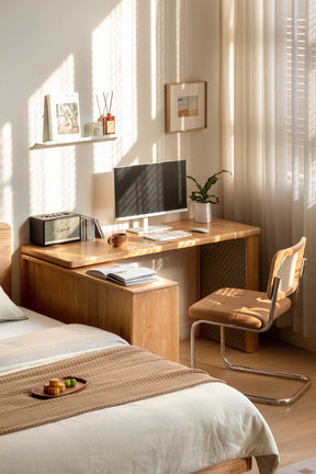 Ace FAS-Graded Solid American Oak Corner Desk with Open Storage and Single-Leg Support in Natural Finish