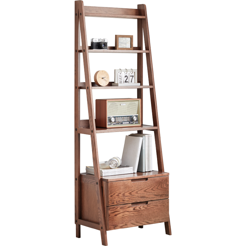 Ladder Bookcase/ FSC Certified Solid American Oak Double-Drawer Bookshelf/Storage Rack