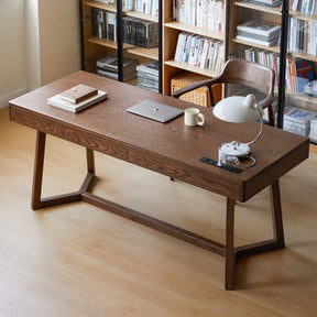 Solid Red Oak Writing Desk with 3 Drawers in Walnut Finish 160cm/180cm