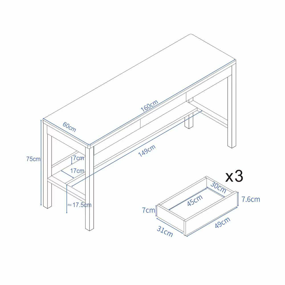 Lynard Solid Wood Study Desk with Drawers/Rubberwood/Long Study Desk/1.6M/1.8M