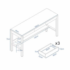 Lynard Solid Wood Study Desk with Drawers/Rubberwood/Long Study Desk/1.6M/1.8M