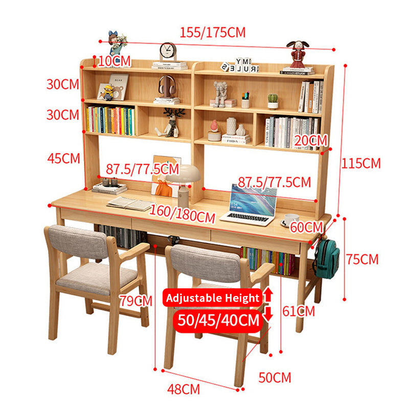 Trejan Solid Wood Study Desk with Book Shelves and Drawers/Rubberwood/Long Study Desk